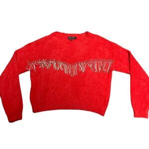 On 12th Red Soft Furry Rhinestone Fringe Pullover Holiday Sweater Size Small